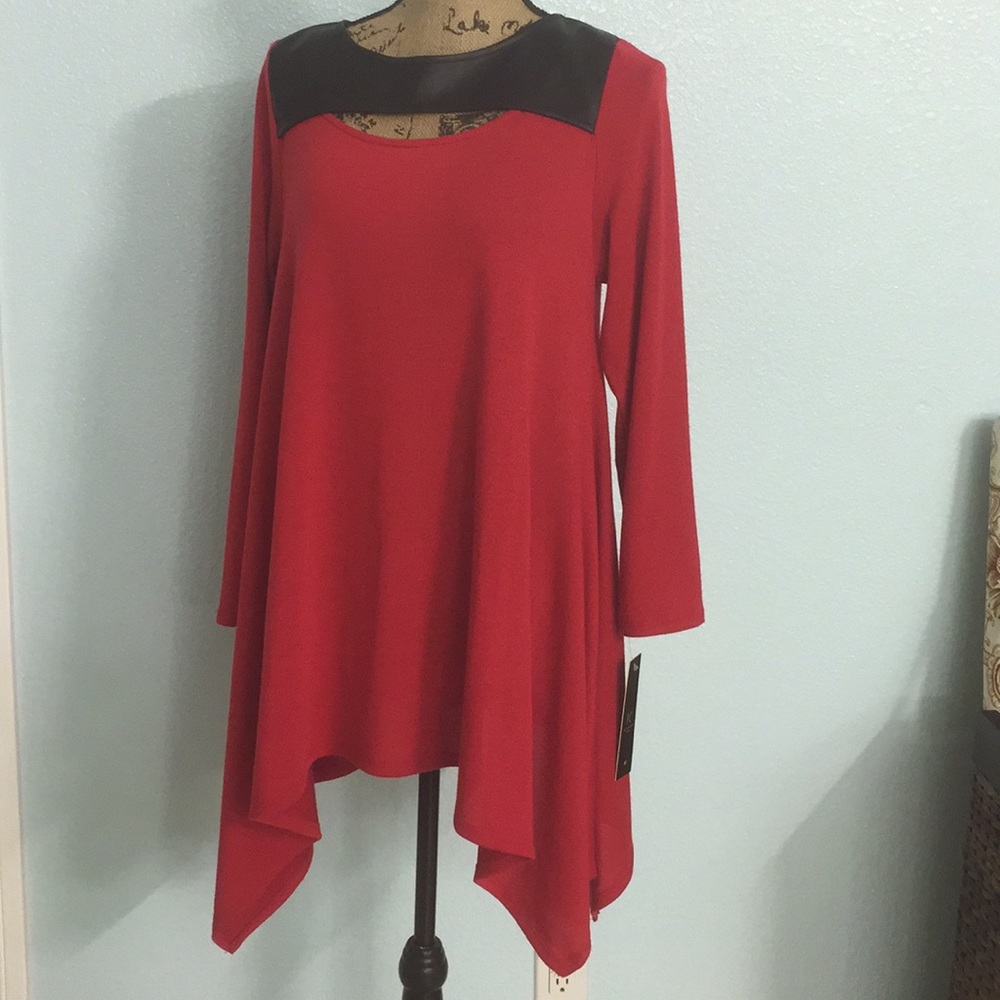 Red sweater with faux leather trim in black